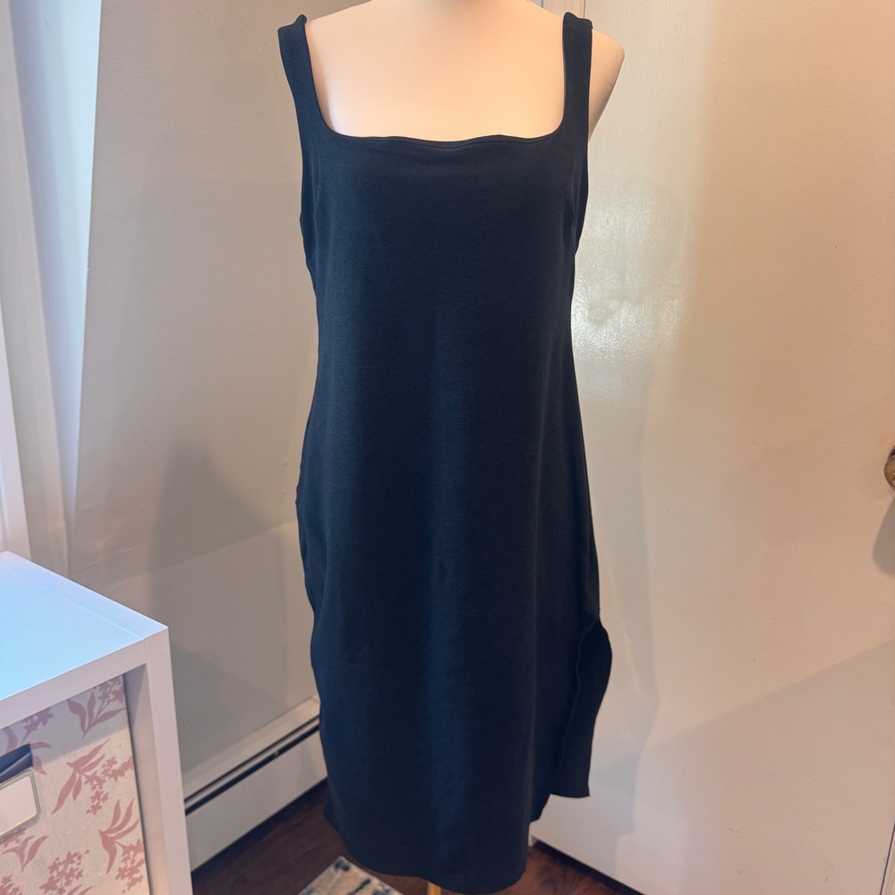Beyond Yoga Heather Black Spacedye Square Neck Midi Dress Side Slit | 1X